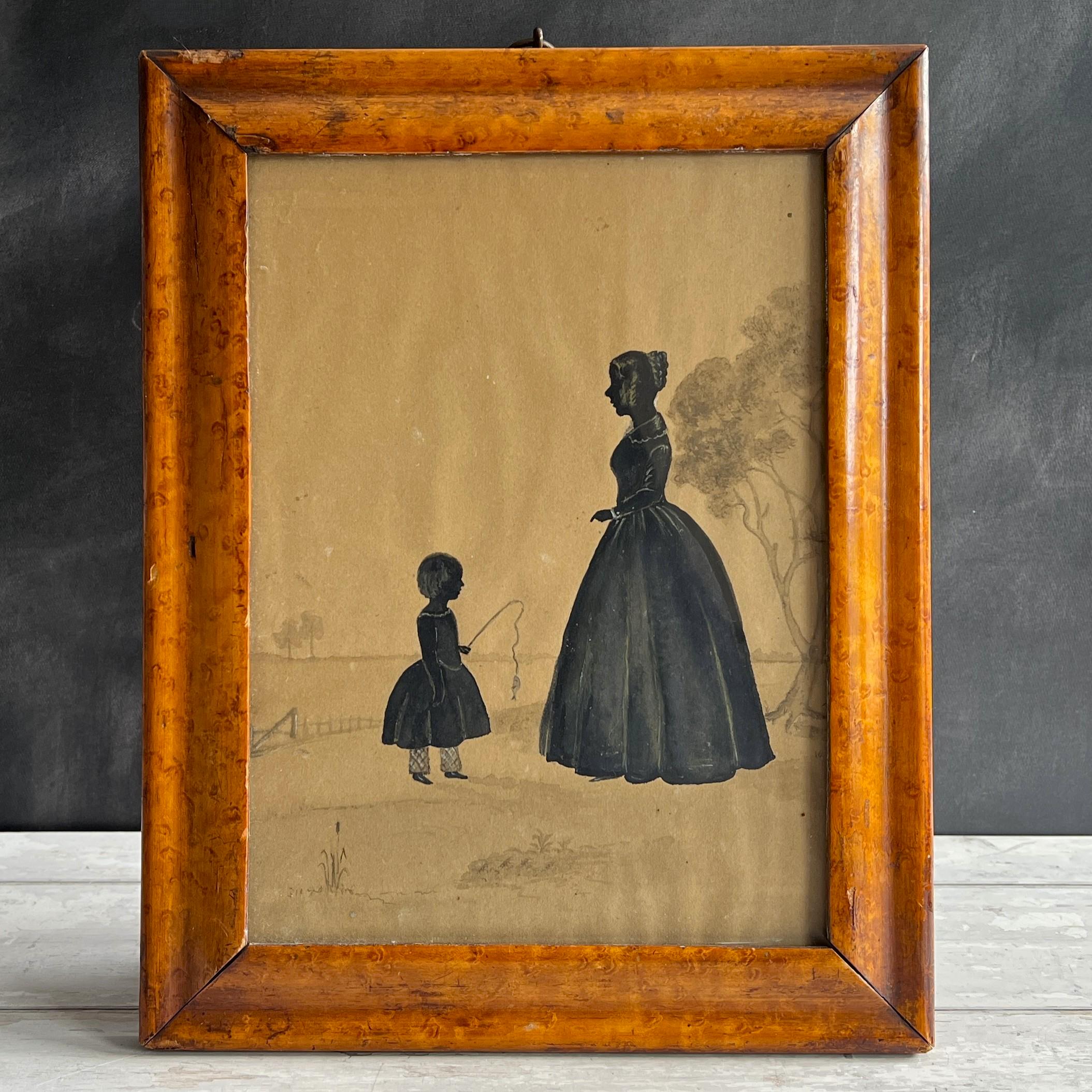Antique Silhouette Full Length Mother And Child Fishing C 1840