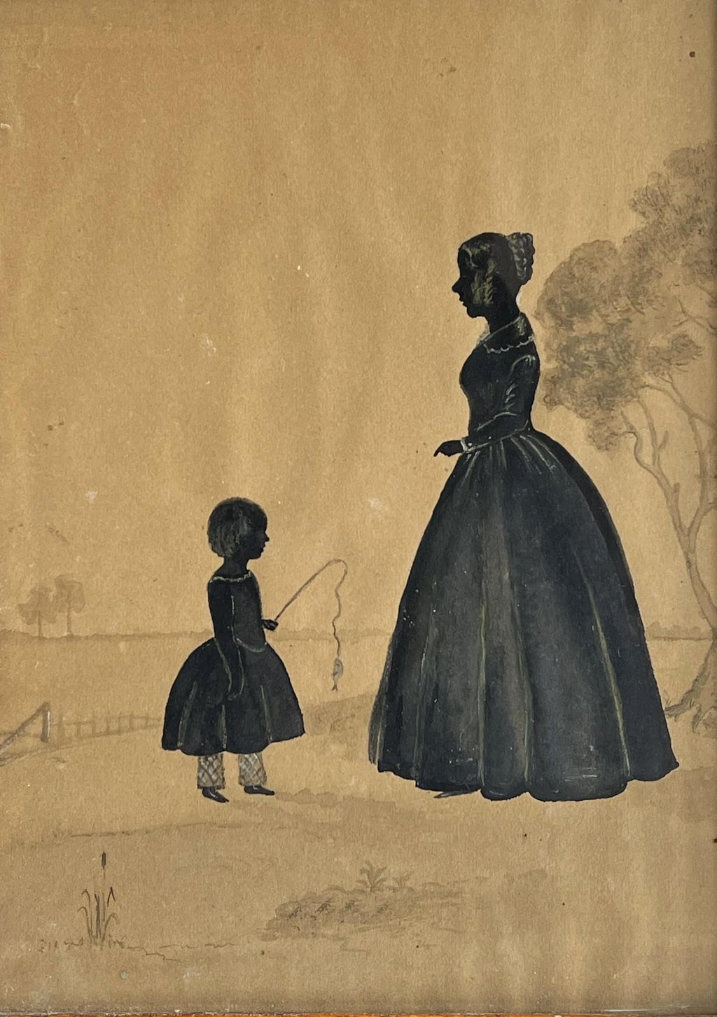 Antique Silhouette Full Length Mother And Child Fishing C 1840
