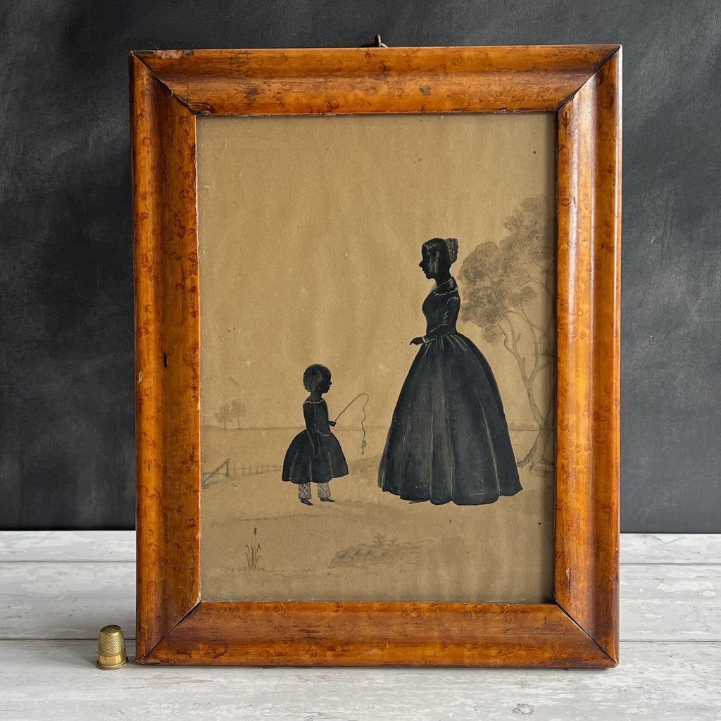 Antique Silhouette Full Length Mother And Child Fishing C 1840