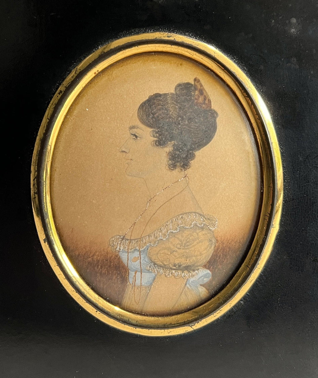 Antique J. H. Gillespie Portrait Miniature Young Lady Blue Dress Regency W. Hill Frame C 1820
