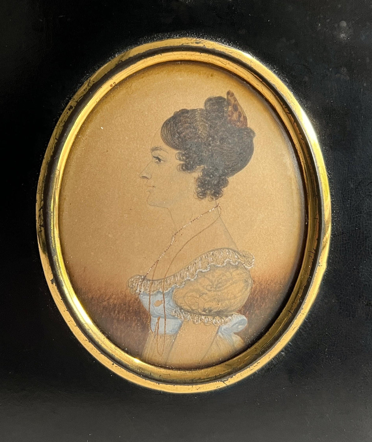 Antique J. H. Gillespie Portrait Miniature Young Lady Blue Dress Regency W. Hill Frame C 1820