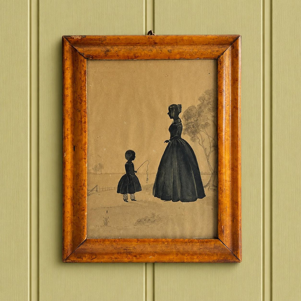 Antique Silhouette Full Length Mother And Child Fishing C 1840
