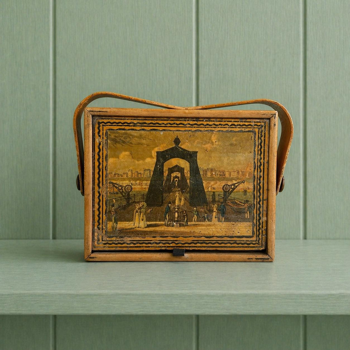 Antique Tunbridge Ware Sewing Pannier Box Brighton Suspension Pier Promenade Steine House C 1826