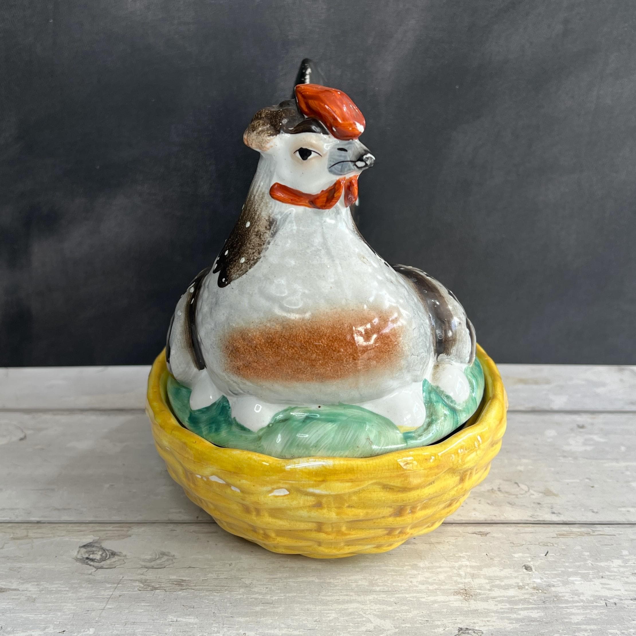 Antique Large Staffordshire Hen On Nest Egg Holder Chickens English C 1890