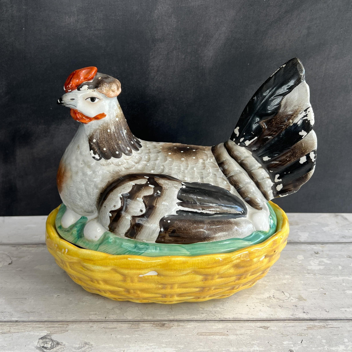 Antique Large Staffordshire Hen On Nest Egg Holder Chickens English C 1890