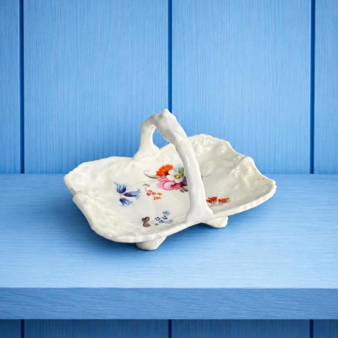 Antique 19th Century English Miniature Porcelain Basket Hand Painted Floral Circa 1840