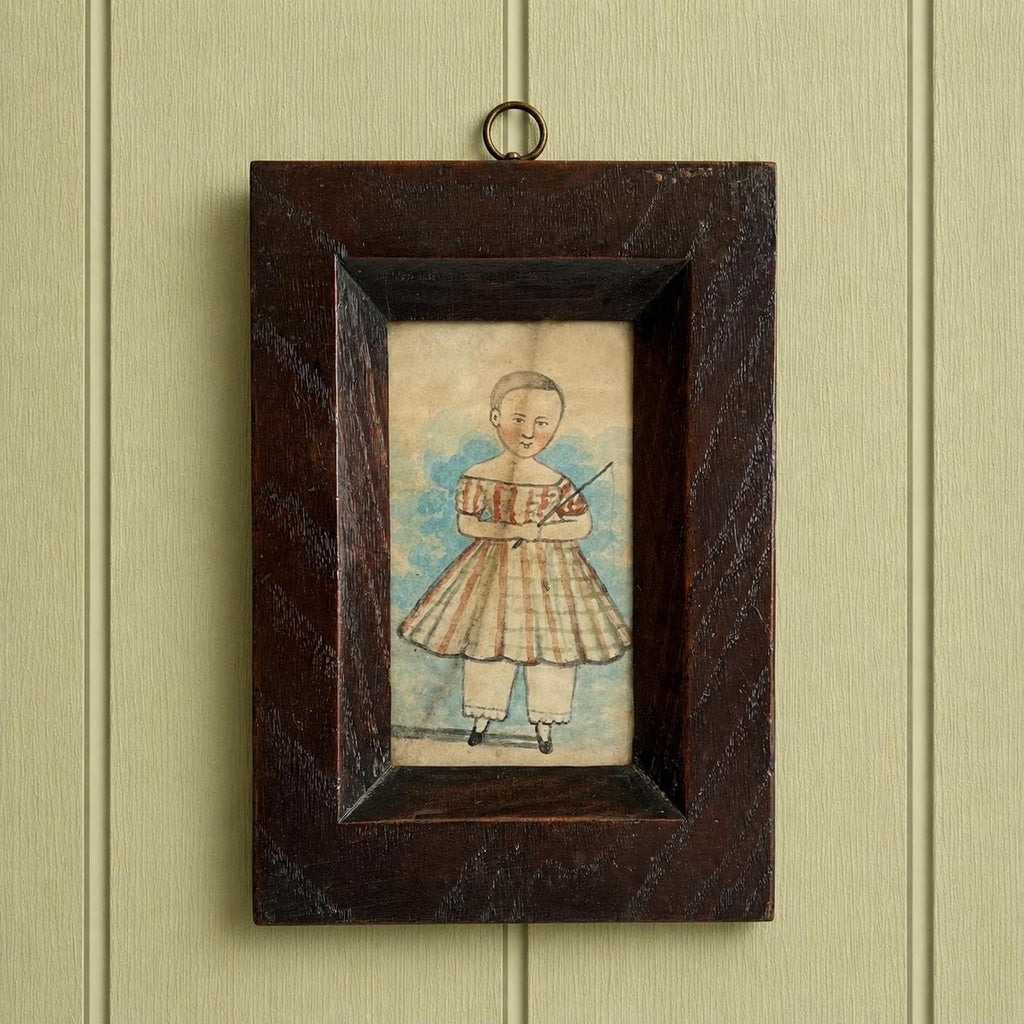 19th Century English Naive School Miniature Child In Portrait Tartan Dress C 1840