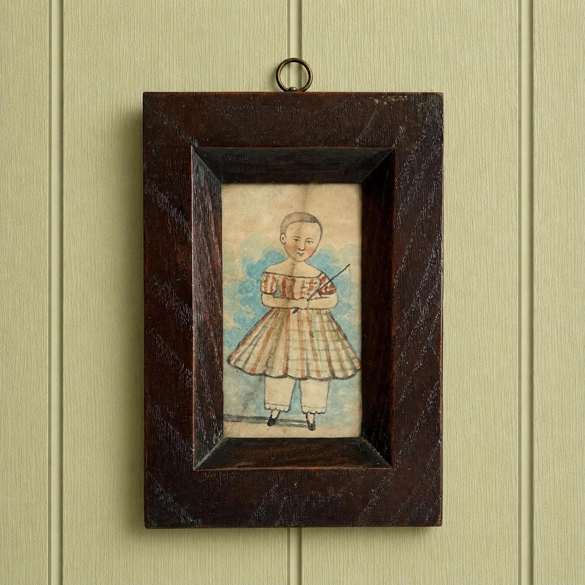 19th Century English Naive School Miniature Child In Portrait Tartan Dress C 1840
