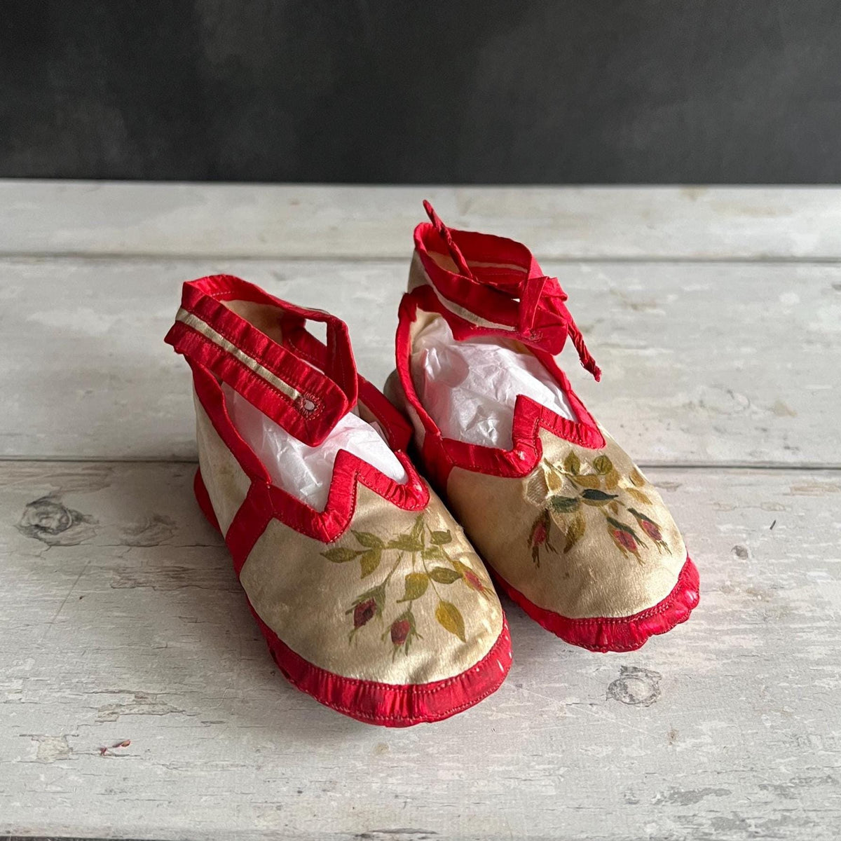 Antique Victorian Silk Baby Shoes Hand Painted Roses C 1880 AF