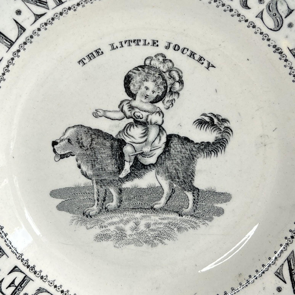 Antique Child’s Nursery Ware Alphabet Plate The Little Jockey Dog Newfoundland St Bernard Dog C 1850