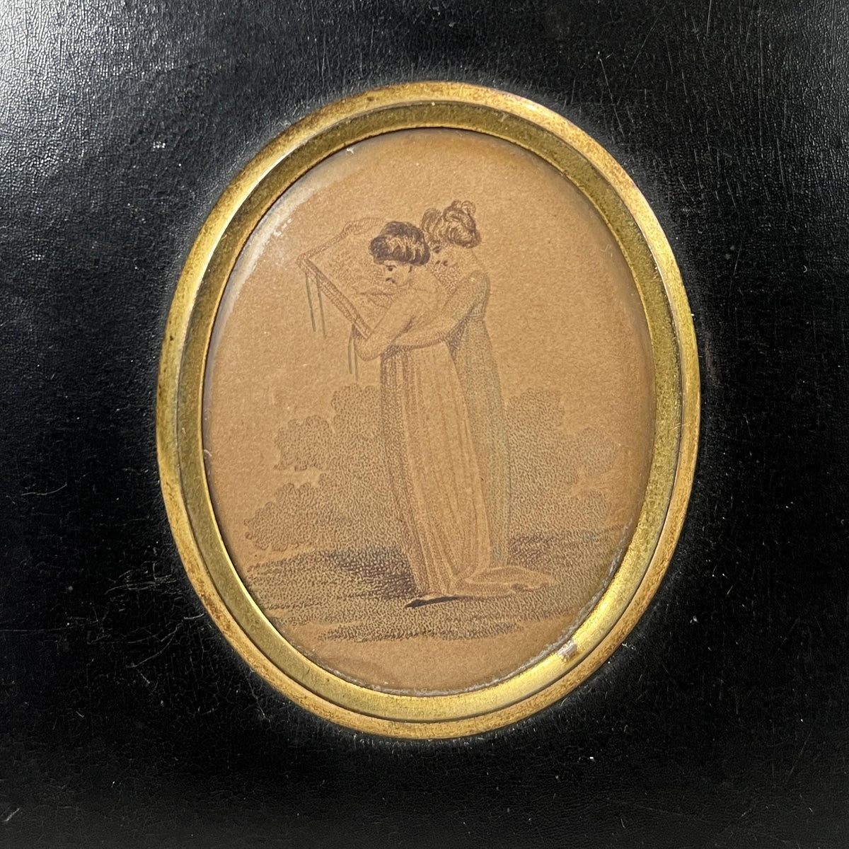 19th Century Miniature Stipple Engraving Ladies Tambour Embroidery Regency C 1810