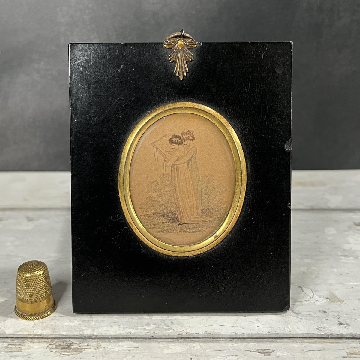 19th Century Miniature Stipple Engraving Ladies Tambour Embroidery Regency C 1810