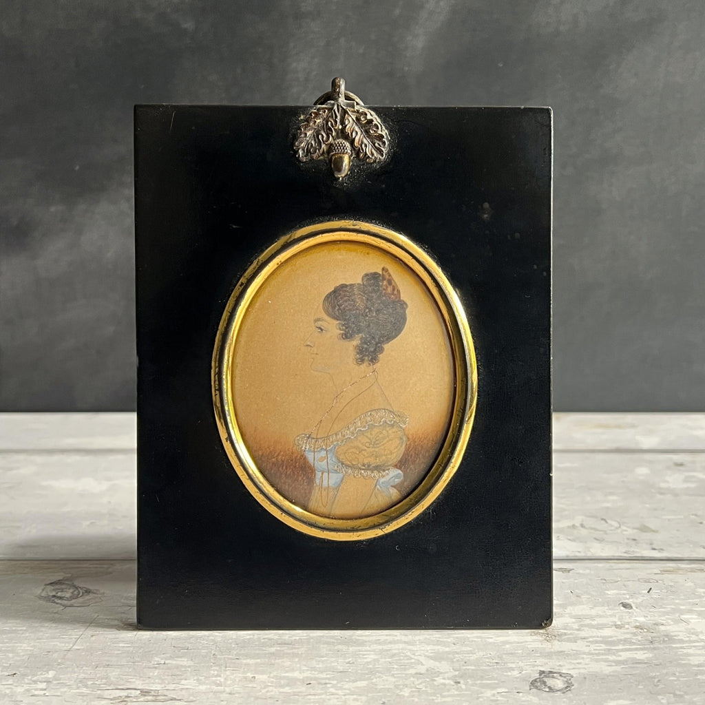 Antique J. H. Gillespie Portrait Miniature Young Lady Blue Dress Regency W. Hill Frame C 1820