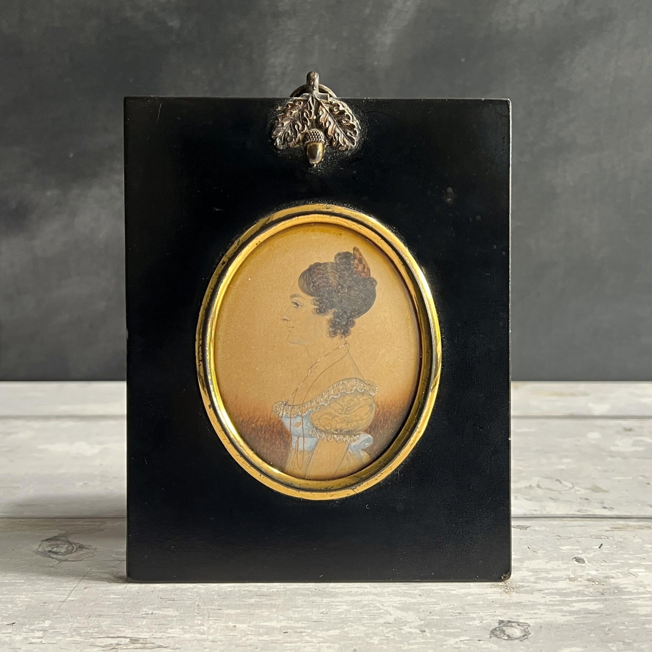 Antique J. H. Gillespie Portrait Miniature Young Lady Blue Dress Regency W. Hill Frame C 1820