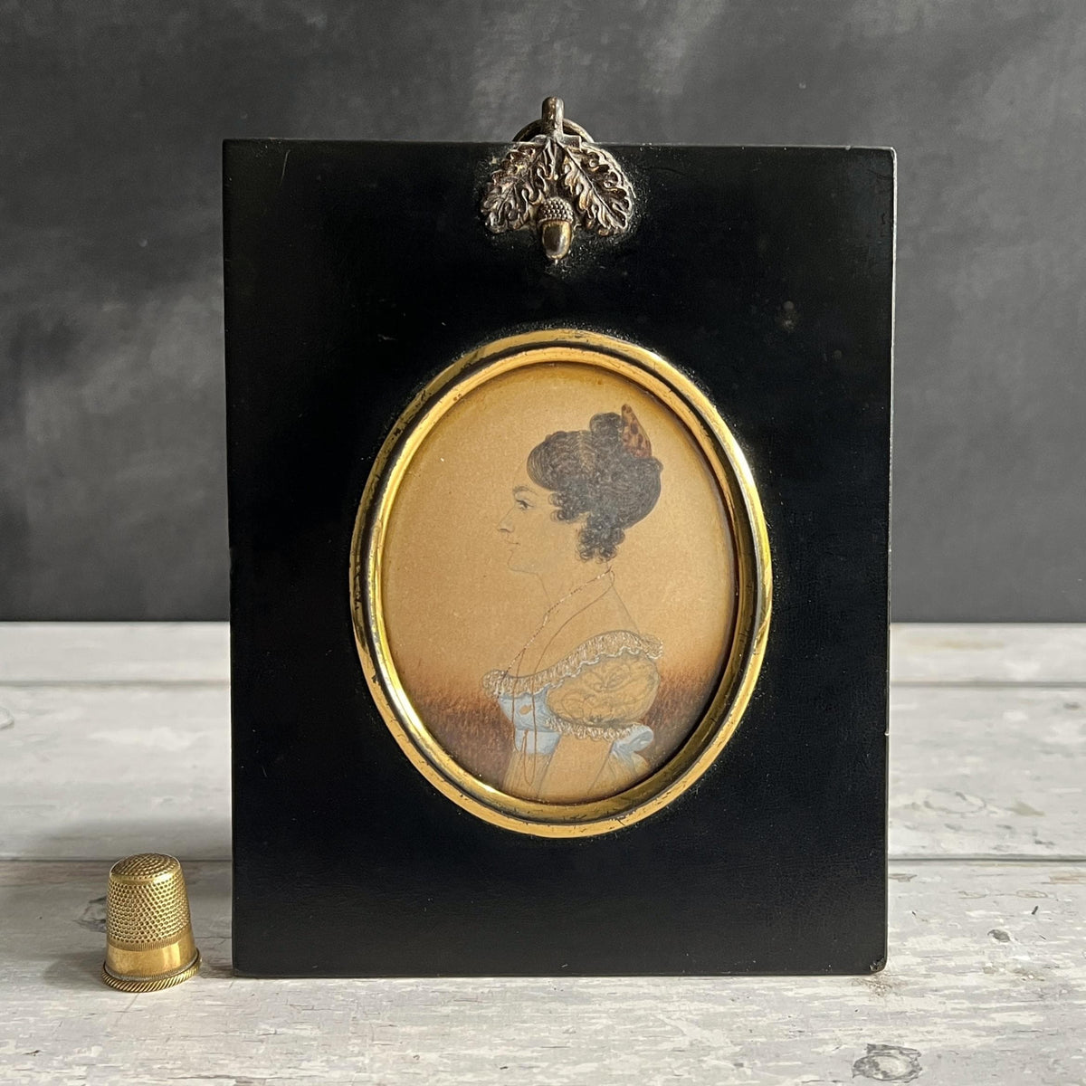 Antique J. H. Gillespie Portrait Miniature Young Lady Blue Dress Regency W. Hill Frame C 1820