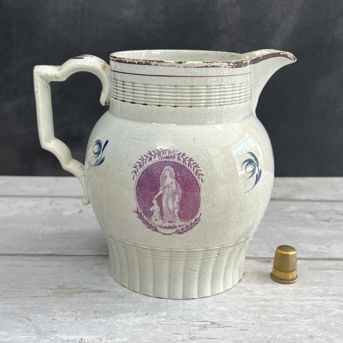 Pearlware Jug Pitcher Puce Transferware Faith Hope and Charity C 1800