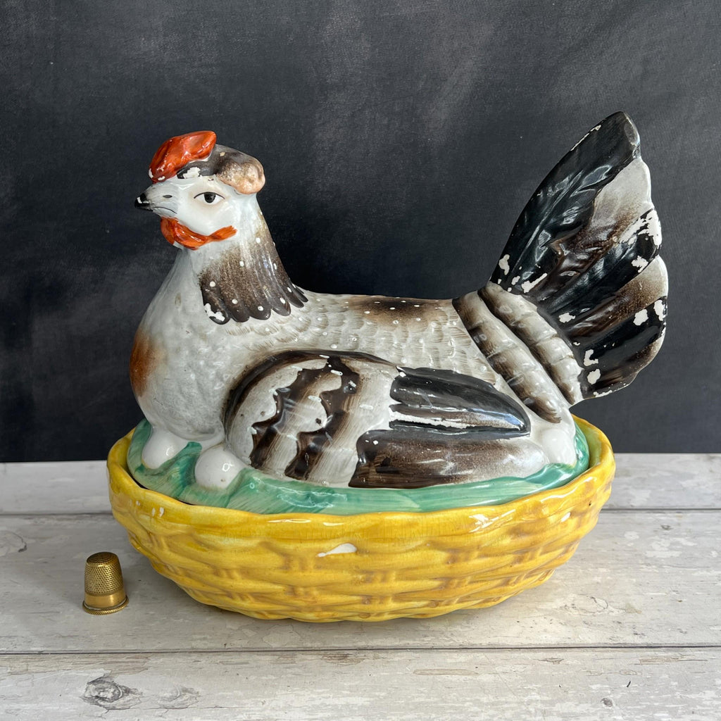 Antique Large Staffordshire Hen On Nest Egg Holder Chickens English C 1890