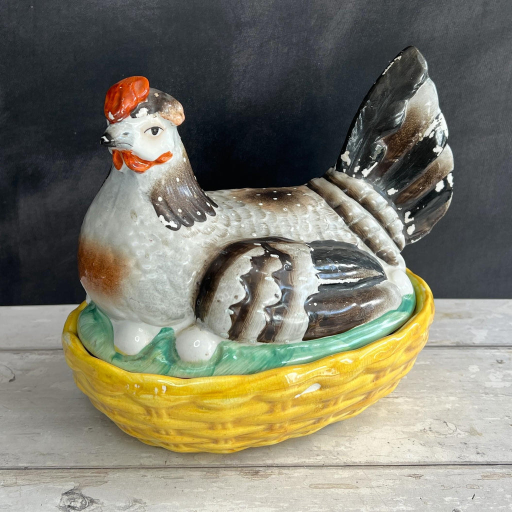 Antique Large Staffordshire Hen On Nest Egg Holder Chickens English C 1890