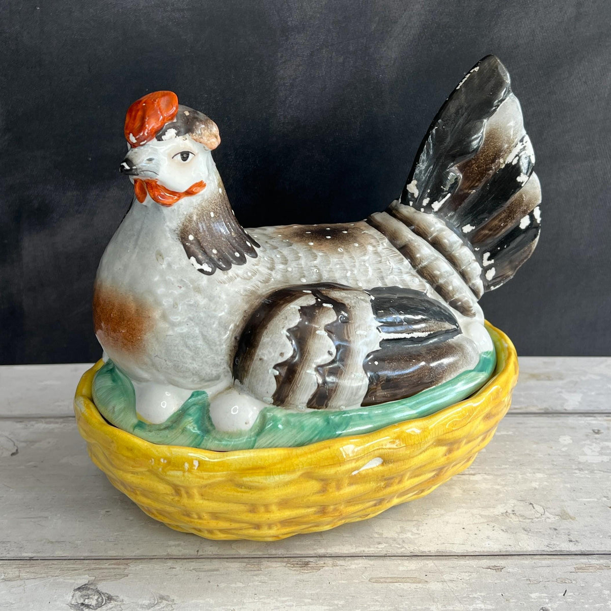 Antique Large Staffordshire Hen On Nest Egg Holder Chickens English C 1890