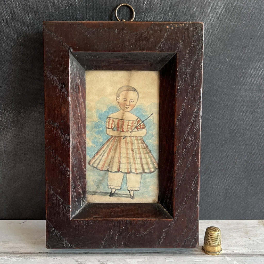 19th Century English Naive School Miniature Child In Portrait Tartan Dress C 1840