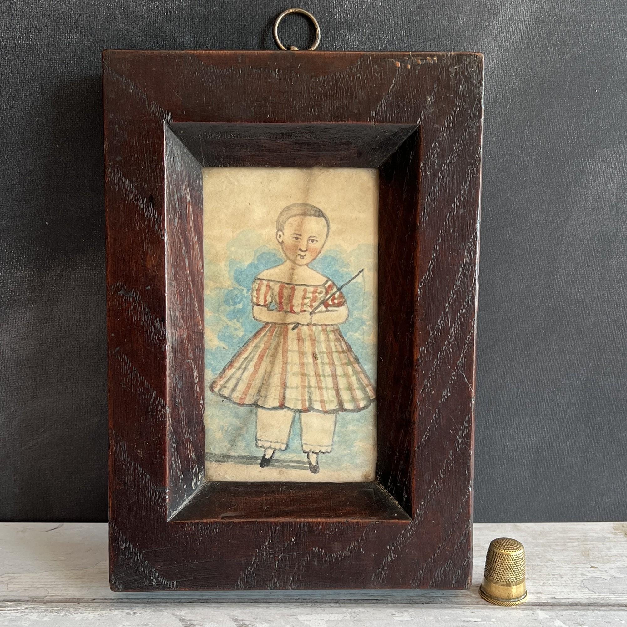 19th Century English Naive School Miniature Child In Portrait Tartan Dress C 1840