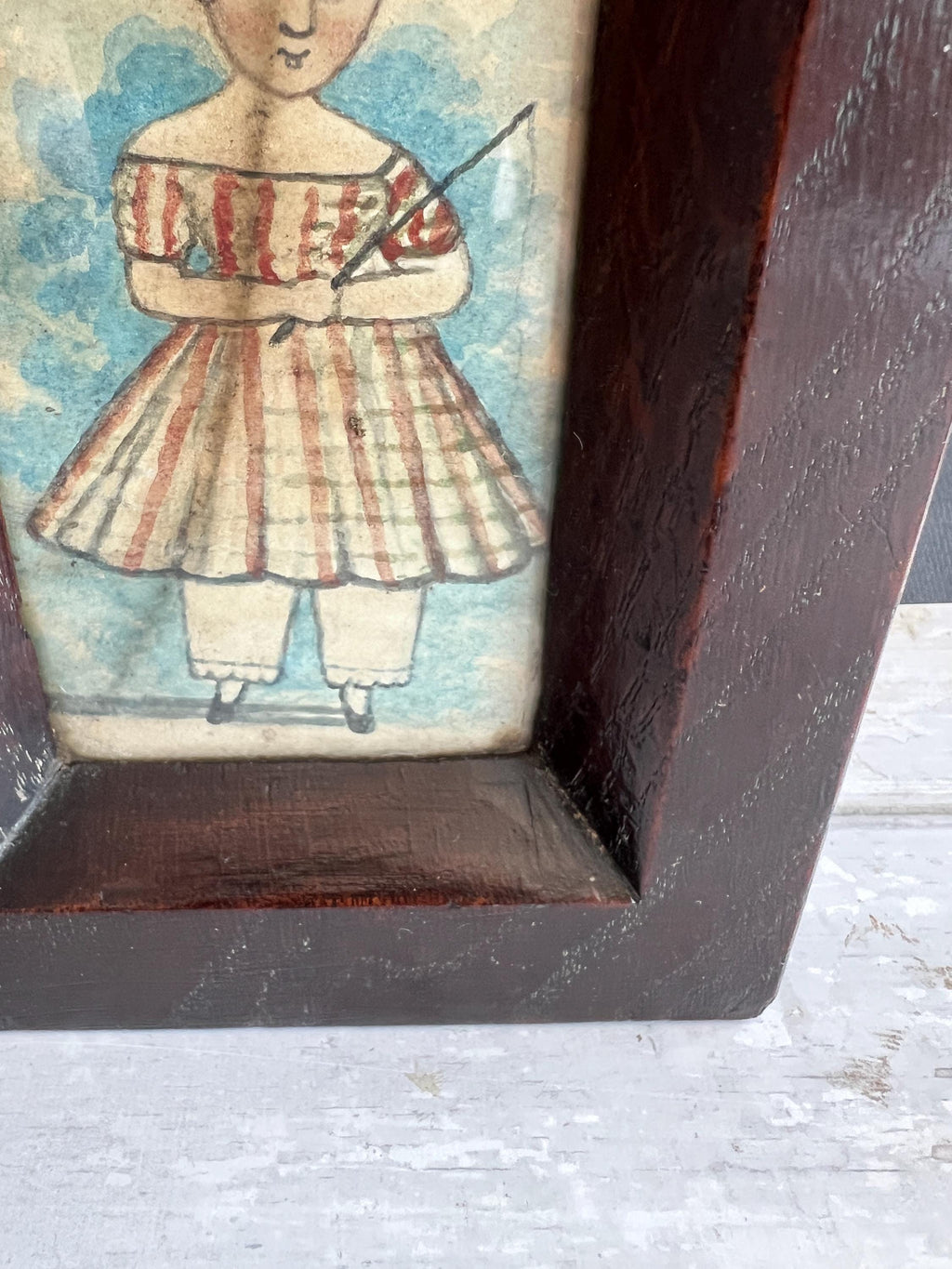 19th Century English Naive School Miniature Child In Portrait Tartan Dress C 1840