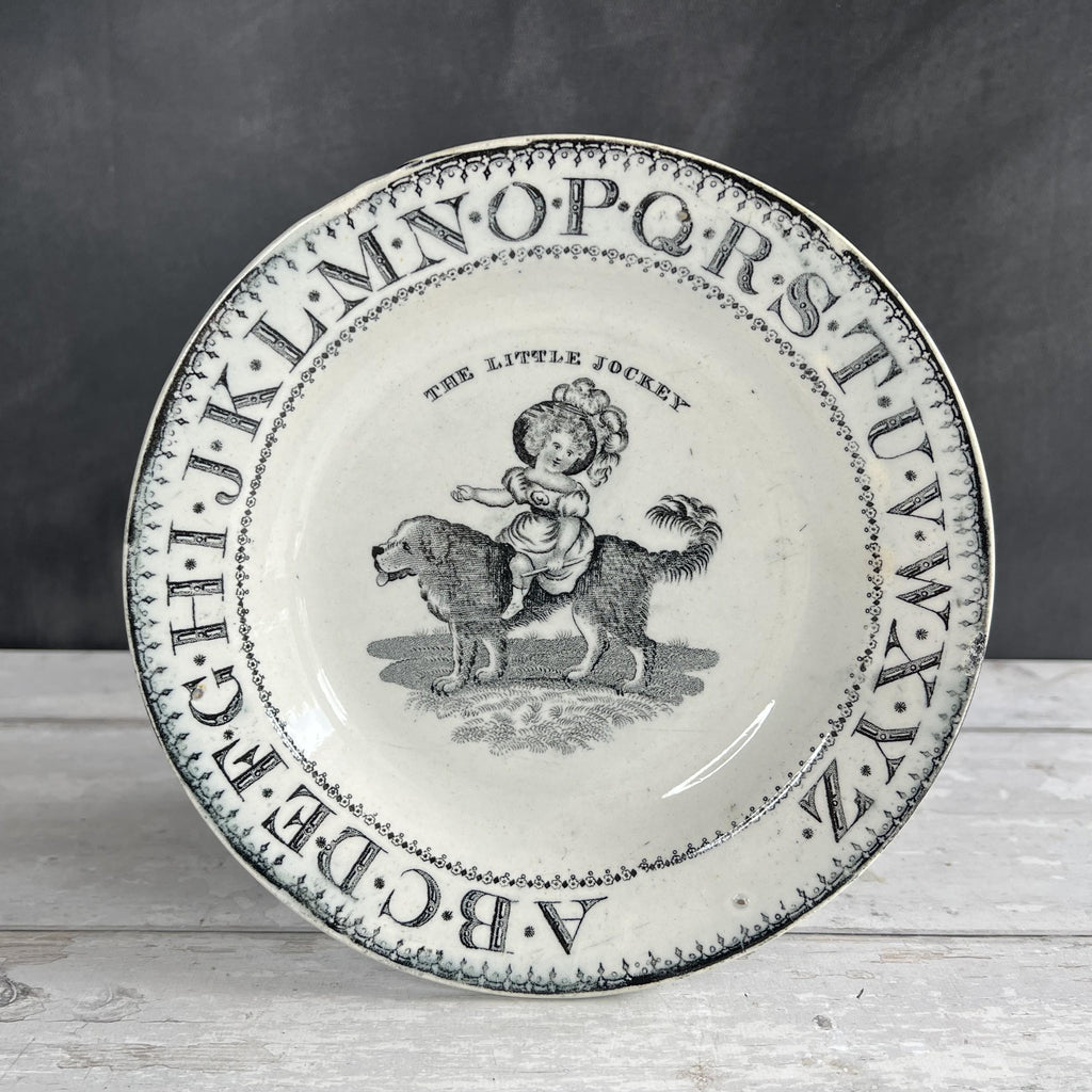 Antique Child’s Nursery Ware Alphabet Plate The Little Jockey Dog Newfoundland St Bernard Dog C 1850