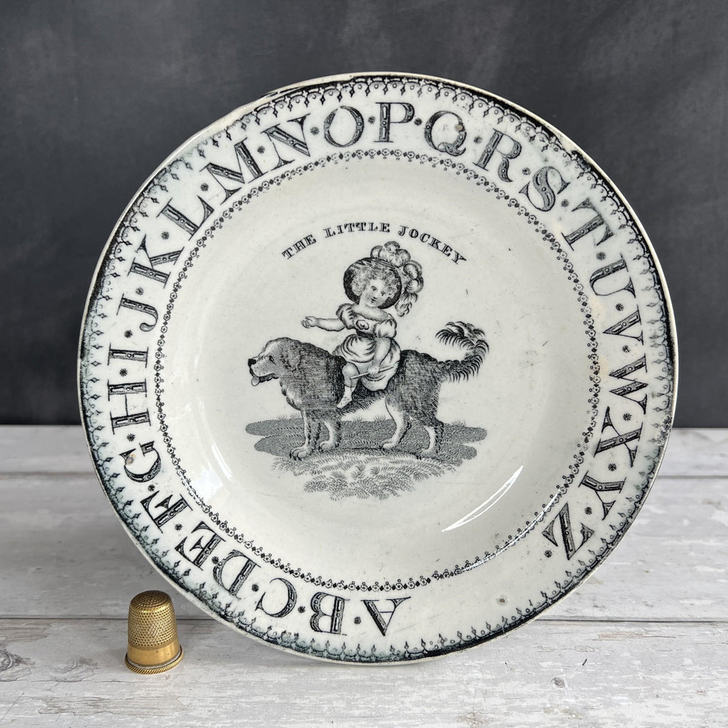 Antique Child’s Nursery Ware Alphabet Plate The Little Jockey Dog Newfoundland St Bernard Dog C 1850