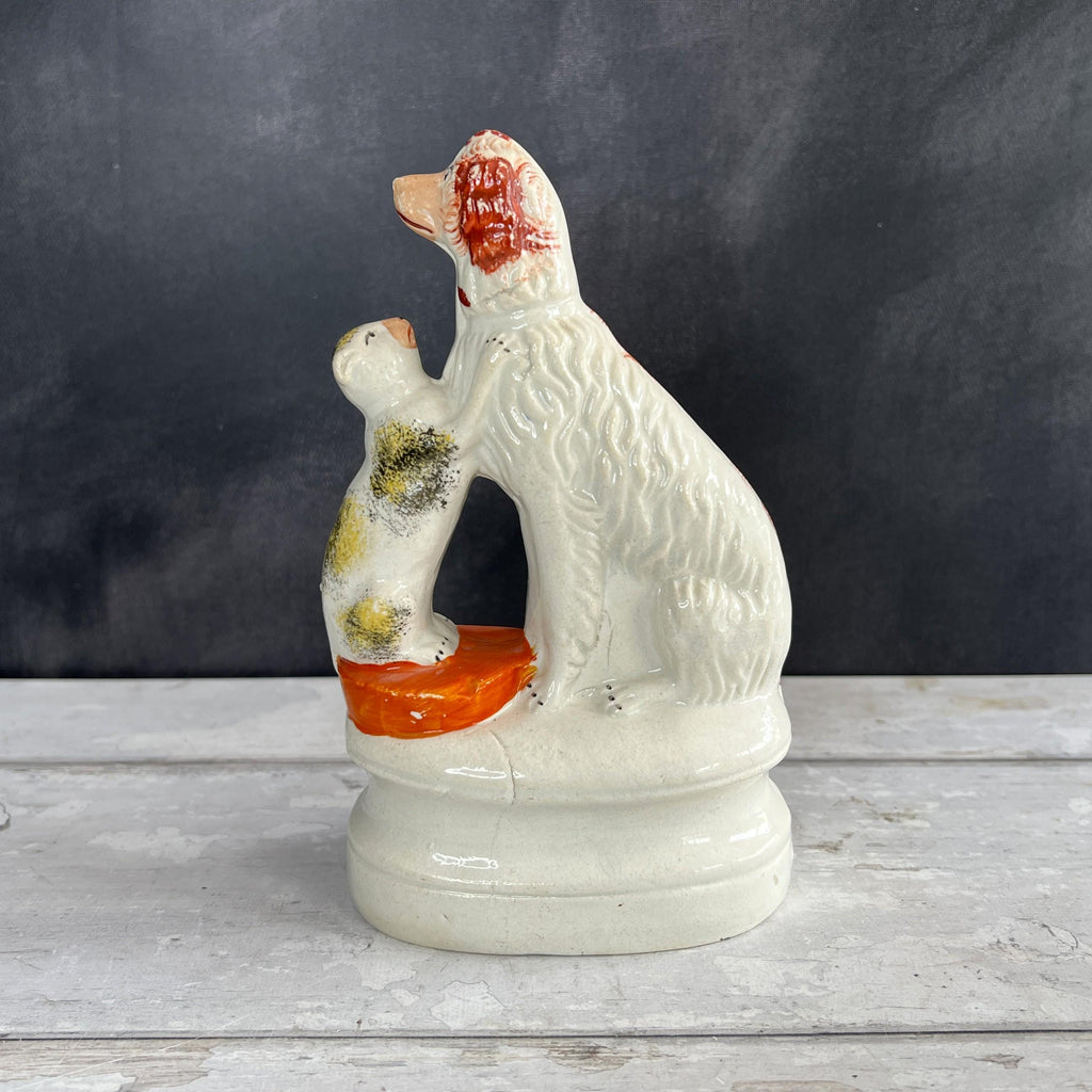 Staffordshire Figure Cat and Dog Sponge Wear Decorated RARE C 1870