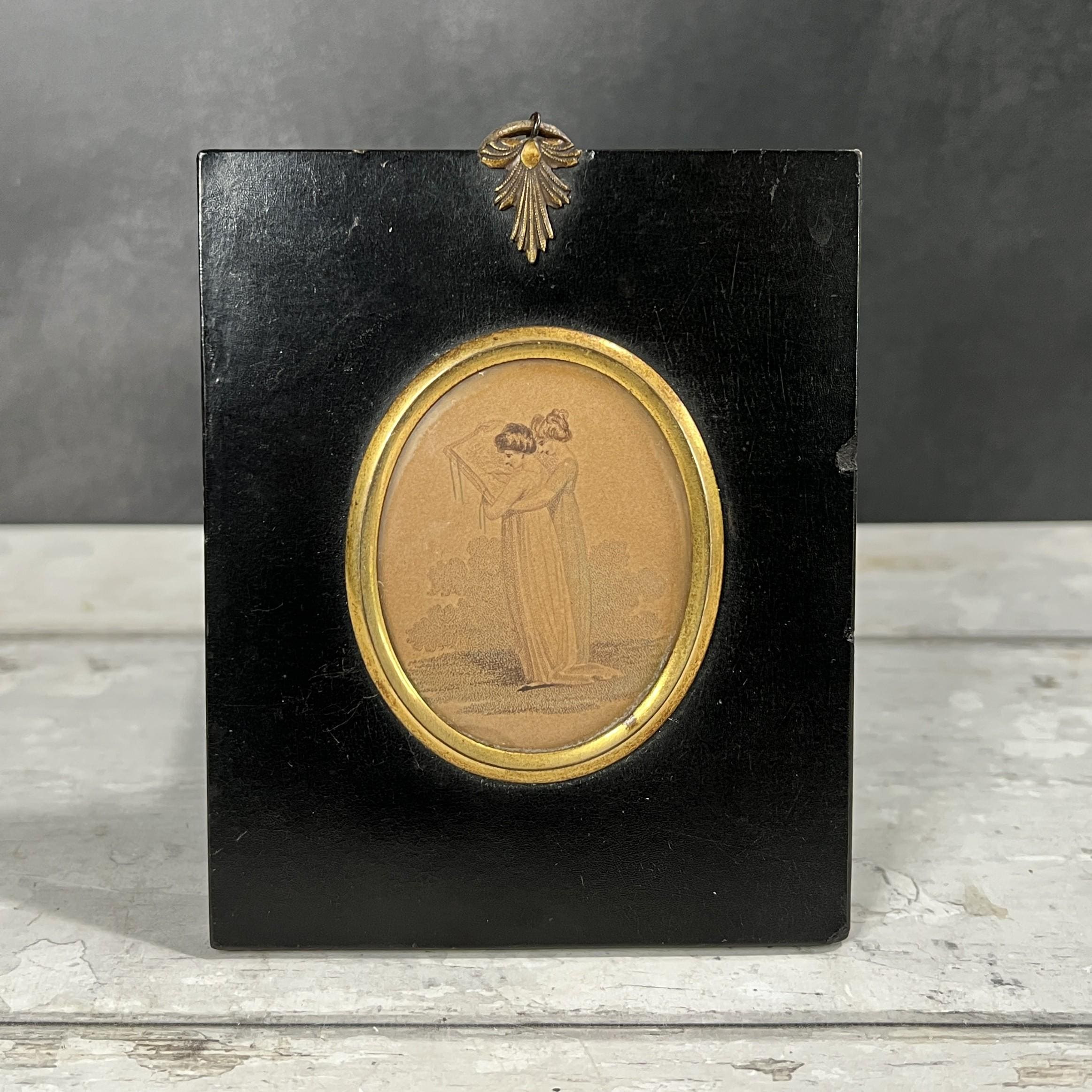 19th Century Miniature Stipple Engraving Ladies Tambour Embroidery Regency C 1810