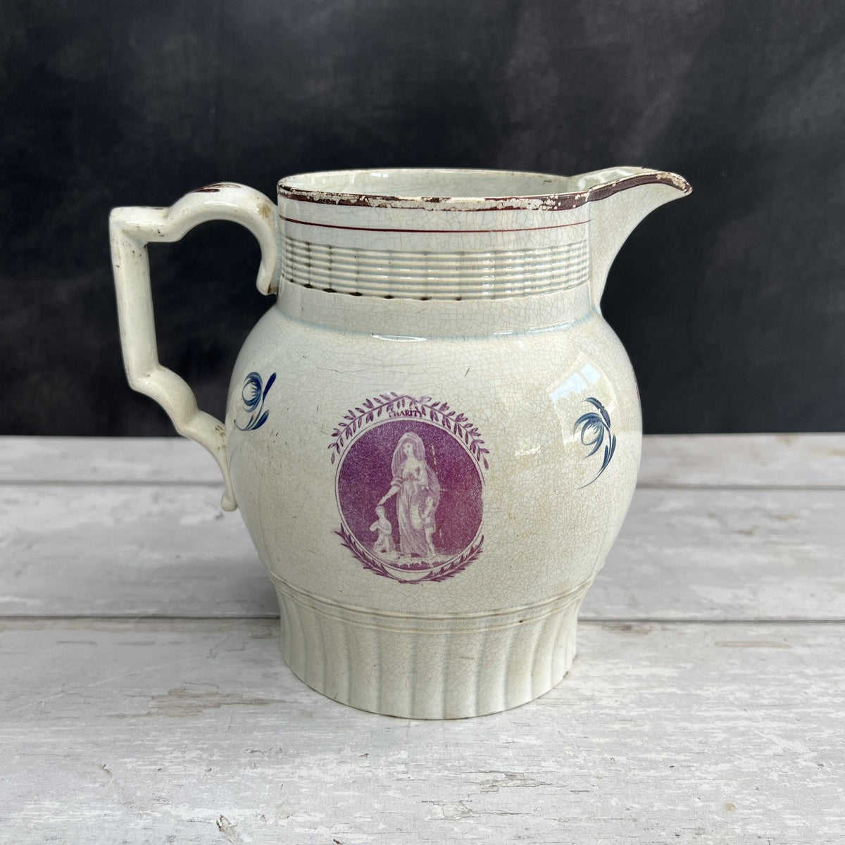 Pearlware Jug Pitcher Puce Transferware Faith Hope and Charity C 1800