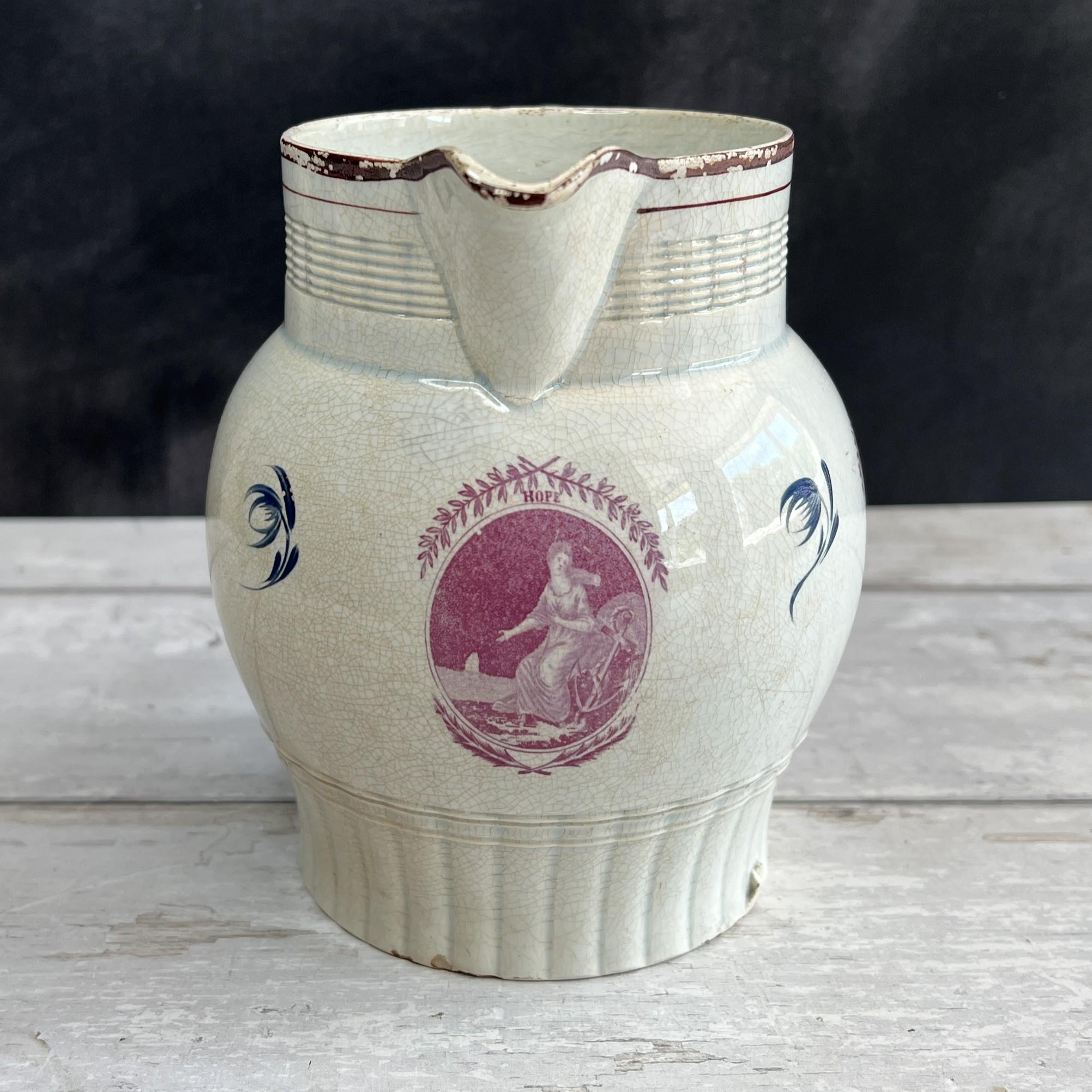 Pearlware Jug Pitcher Puce Transferware Faith Hope and Charity C 1800