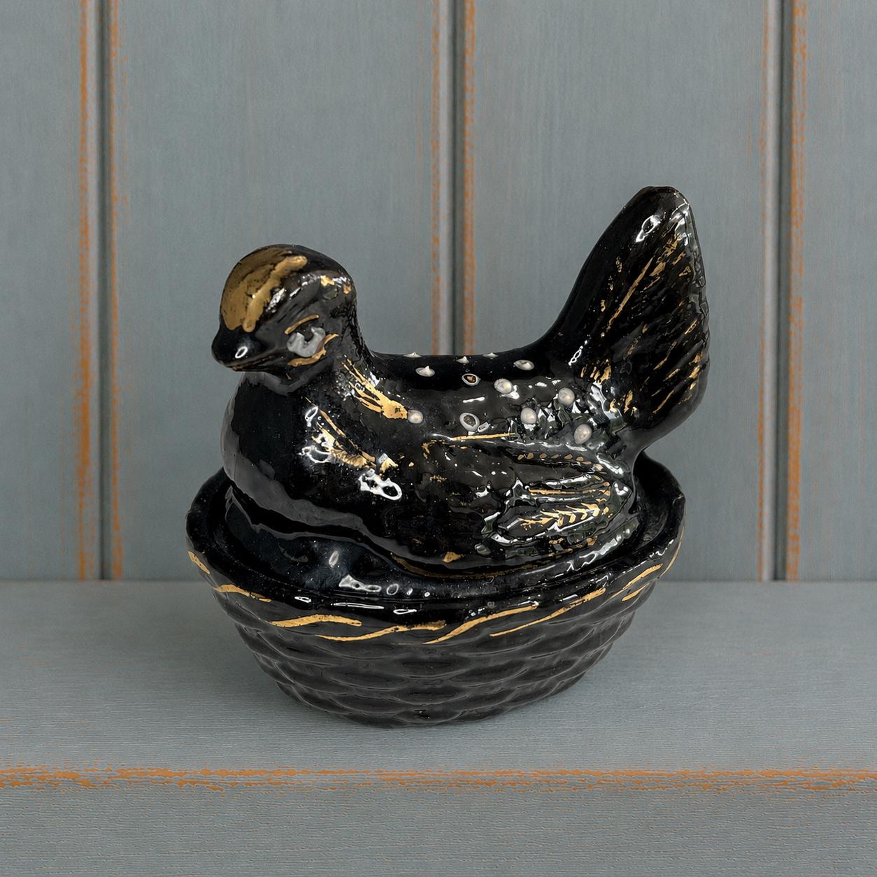 Miniature Staffordshire Pottery Jackfield Ware Hen on Nest Egg Holder SMALL C 1880