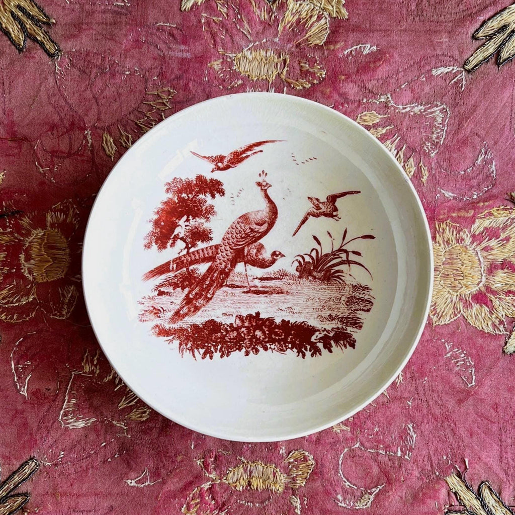 18th Century Wedgwood Creamware Plate Carmine Red Peacock Sadler & Green Liverpool Circa 1780