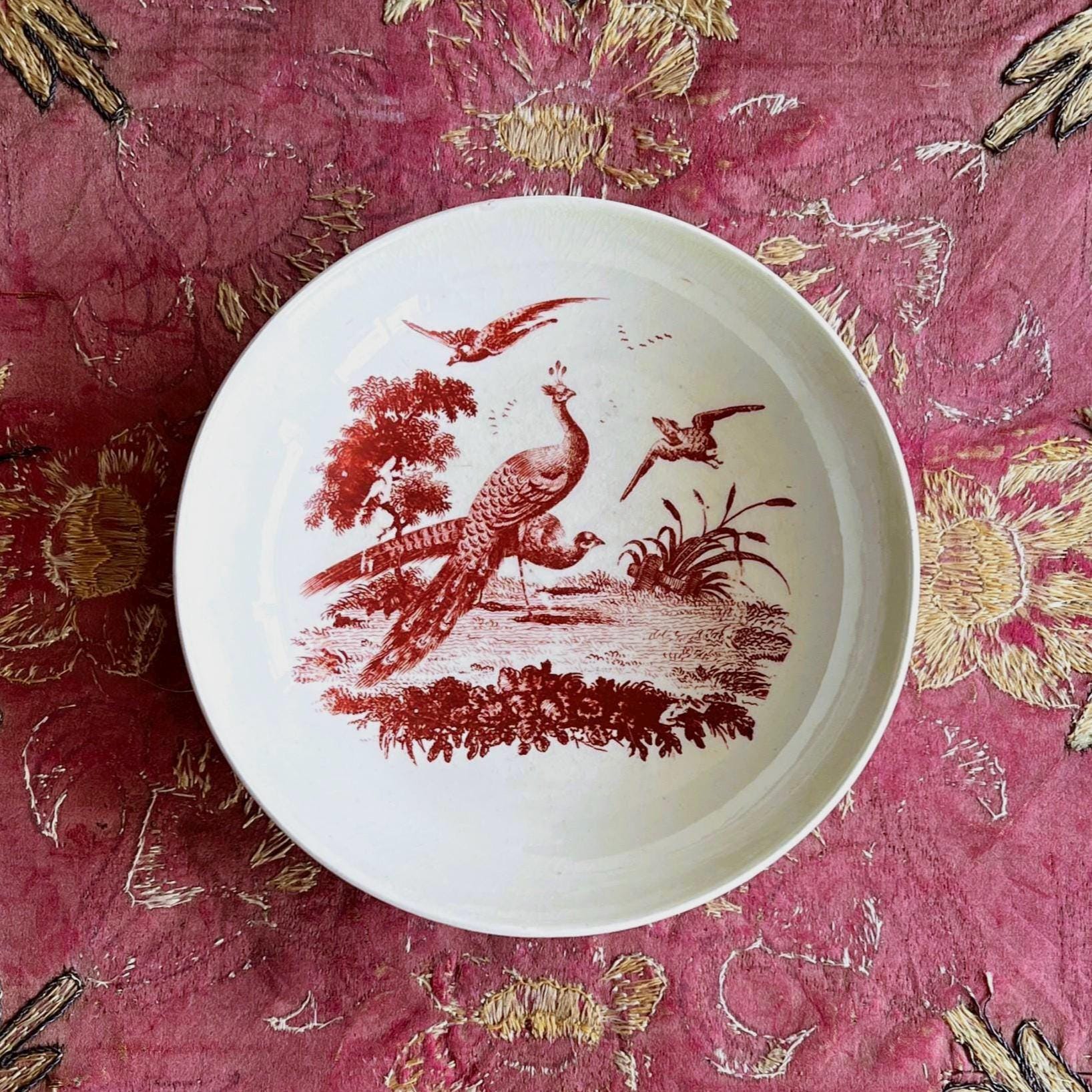 18th Century Wedgwood Creamware Plate Carmine Red Peacock Sadler & Green Liverpool Circa 1780