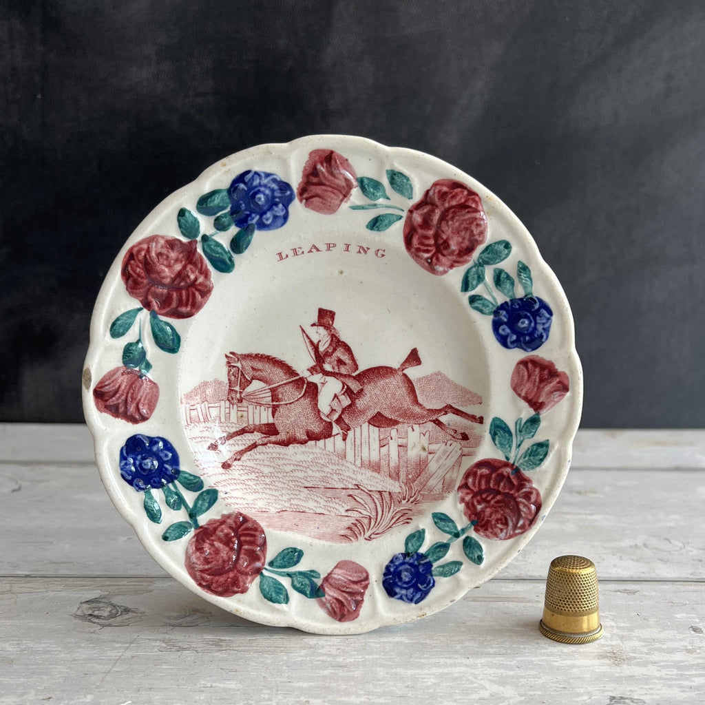 19th Century Childs Nursery Ware Plate Equine Horse Steeplechase Circa 1820 RARE Transferware Point to Point