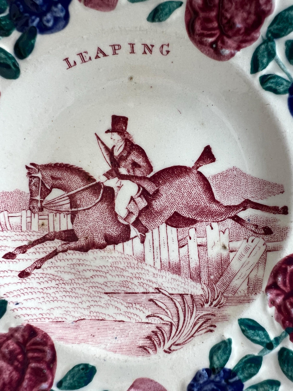 19th Century Childs Nursery Ware Plate Equine Horse Steeplechase Circa 1820 RARE Transferware Point to Point