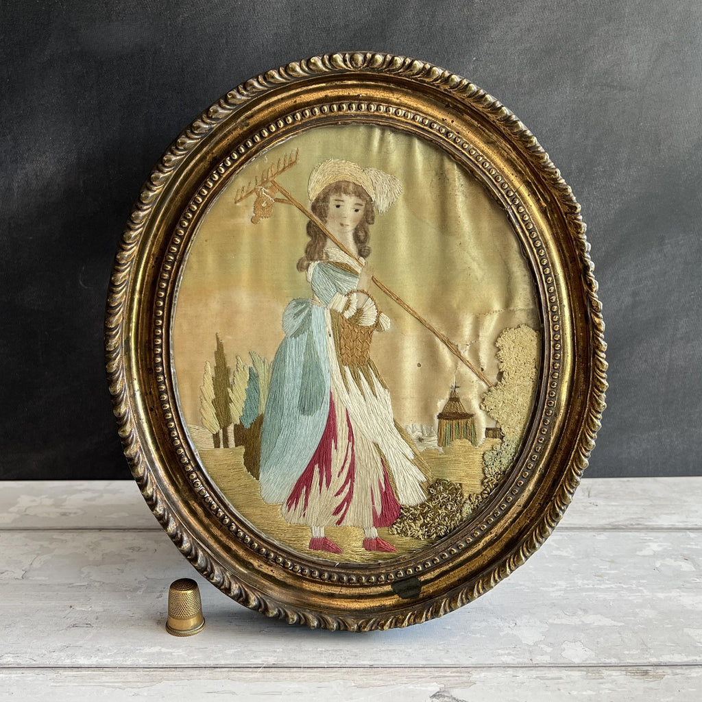 Georgian Silkwork Embroidery Young Lady Farmer Small Size C 1800 English AF
