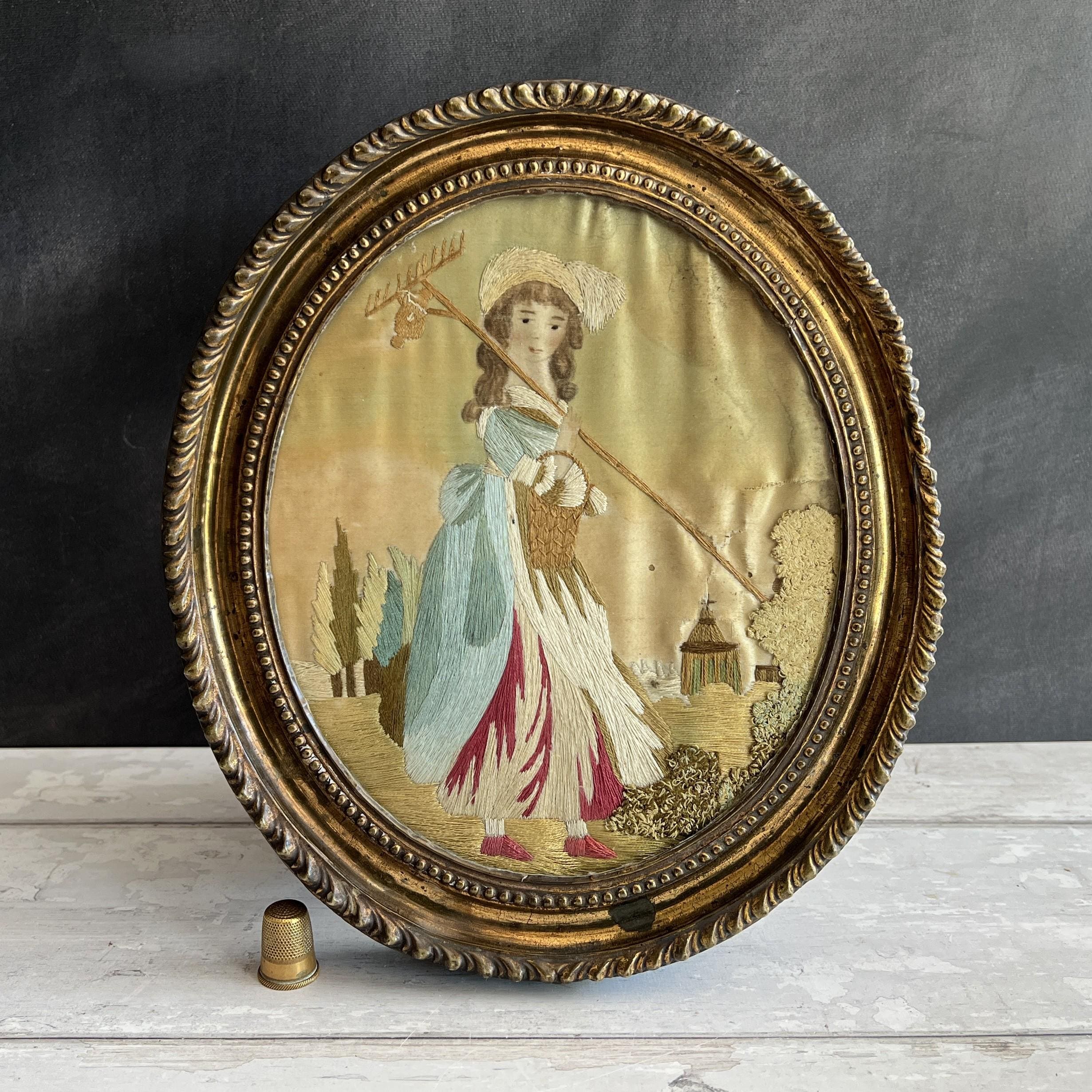 Georgian Silkwork Embroidery Young Lady Farmer Small Size C 1800 English AF