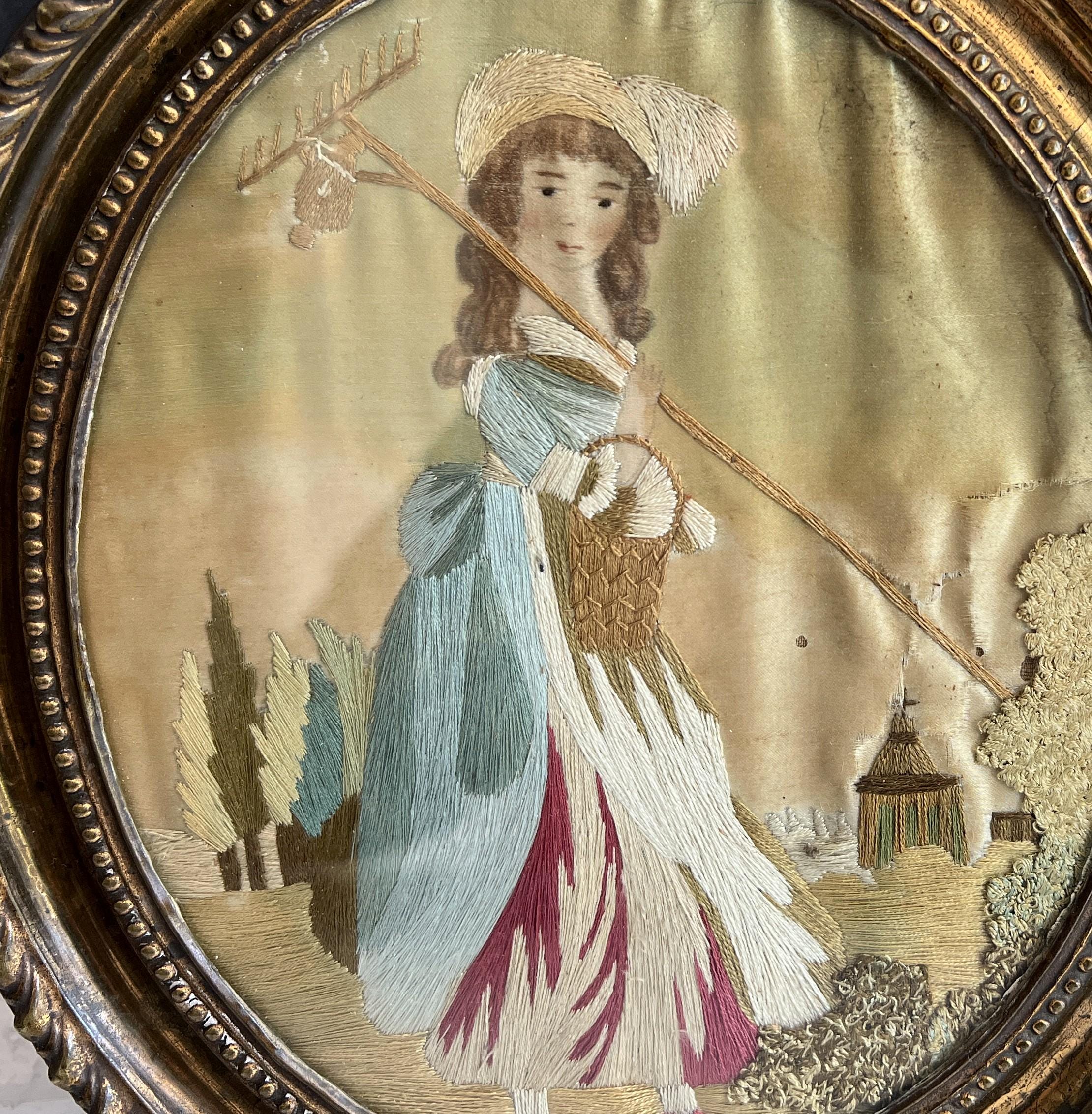 Georgian Silkwork Embroidery Young Lady Farmer Small Size C 1800 English AF