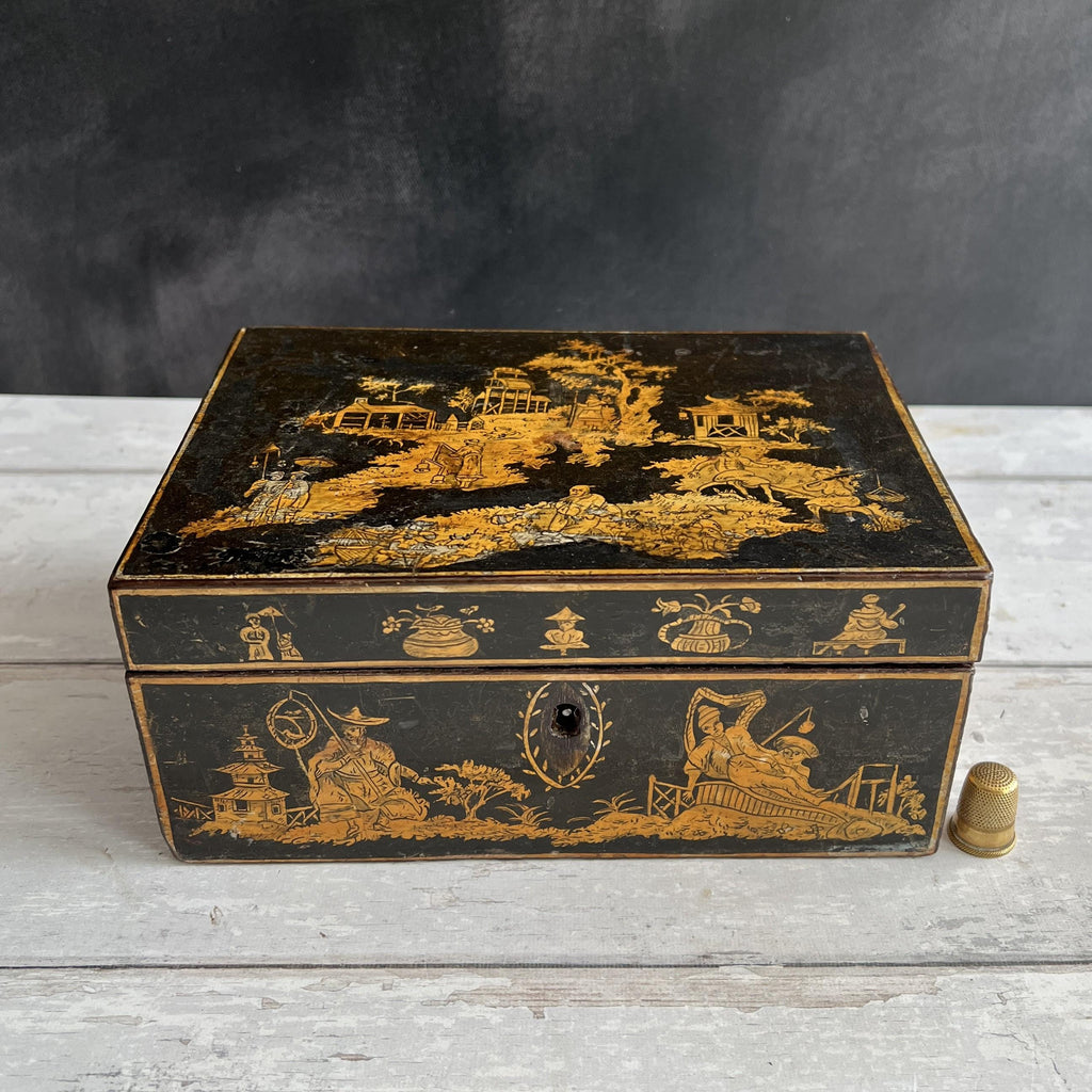 Regency Penwork Box Chinoiserie Lacquered Scene English C 1820