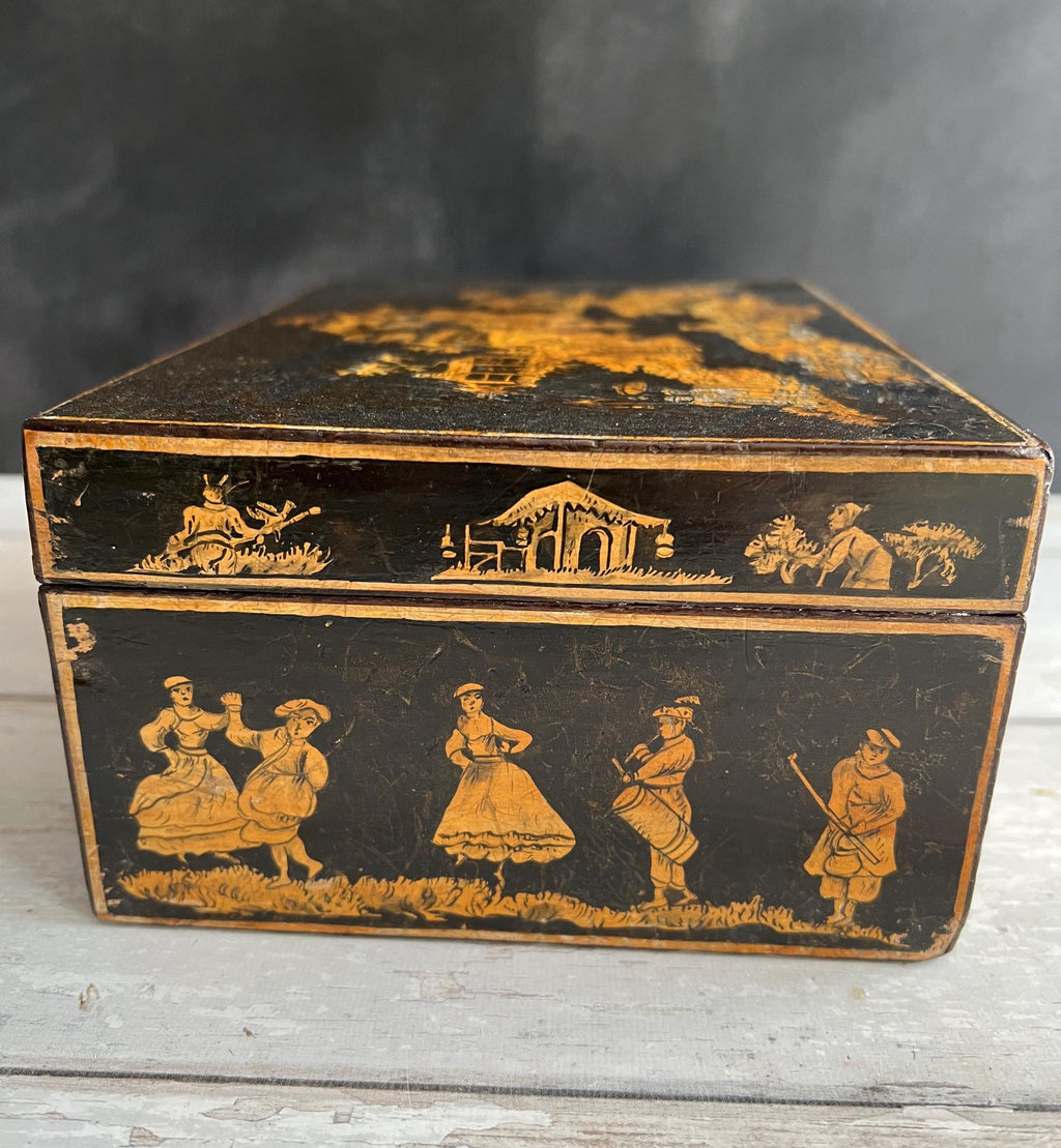 Regency Penwork Box Chinoiserie Lacquered Scene English C 1820