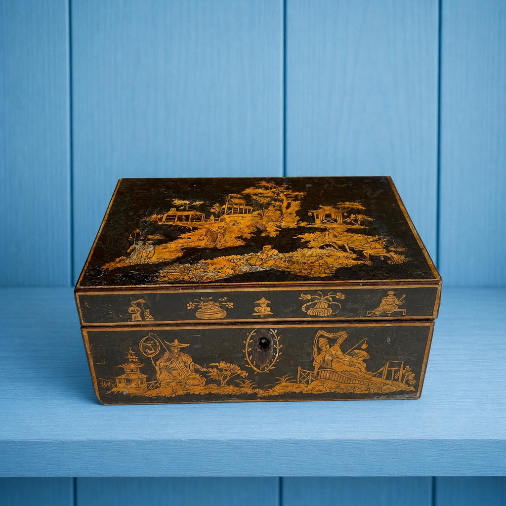 Regency Penwork Box Chinoiserie Lacquered Scene English C 1820