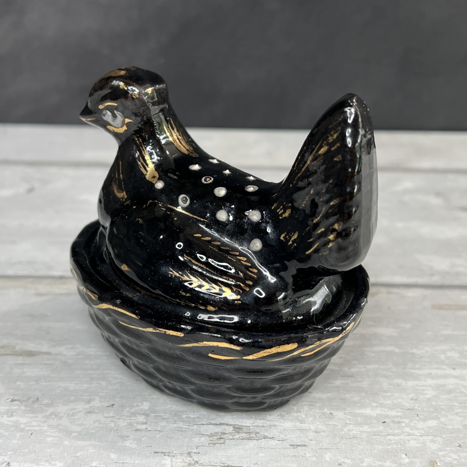 Miniature Staffordshire Pottery Jackfield Ware Hen on Nest Egg Holder SMALL C 1880