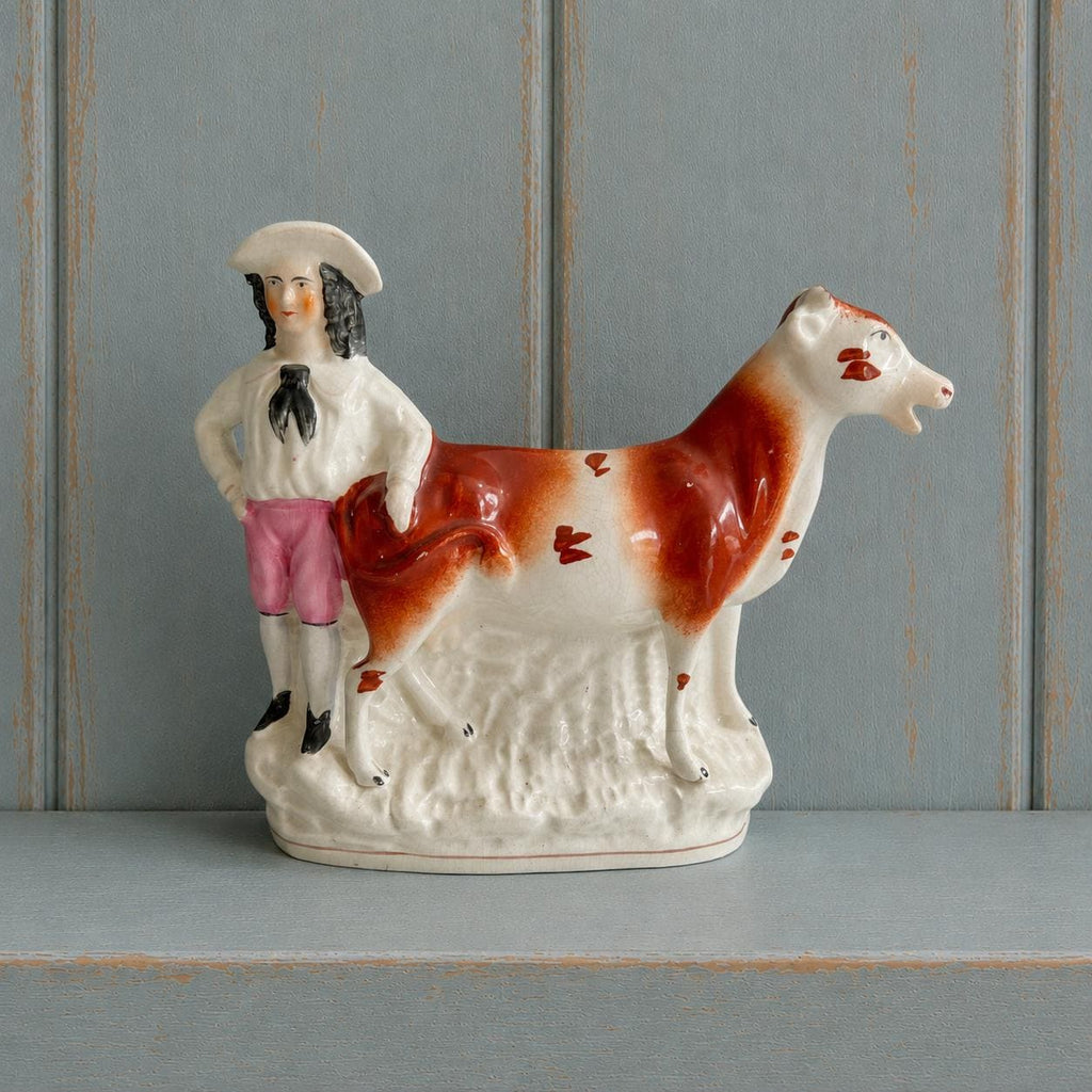 Antique Staffordshire Cow Creamer Farm Girl Aesthetic C 1870 AF
