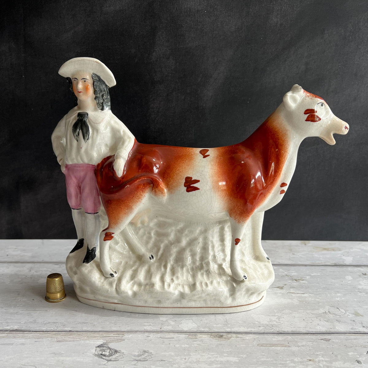 Antique Staffordshire Cow Creamer Farm Girl Aesthetic C 1870 AF