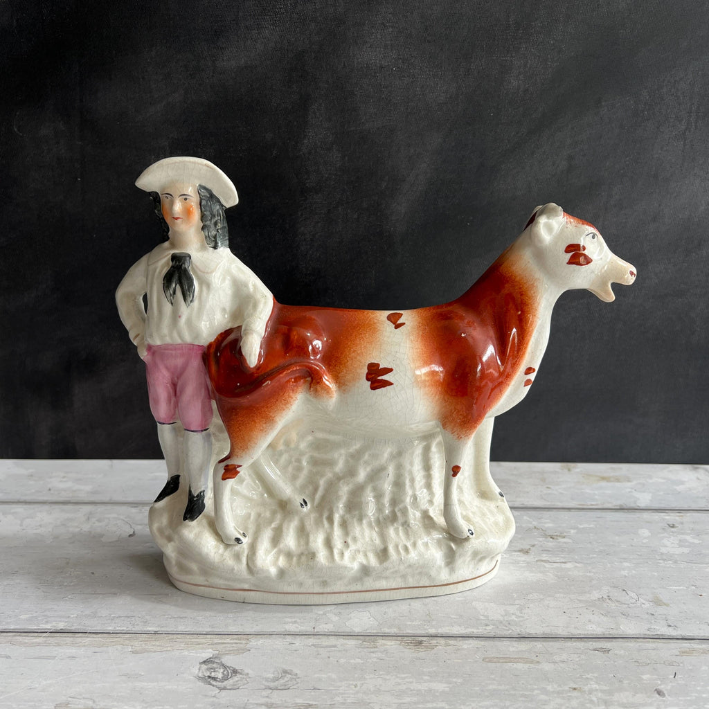 Antique Staffordshire Cow Creamer Farm Girl Aesthetic C 1870 AF