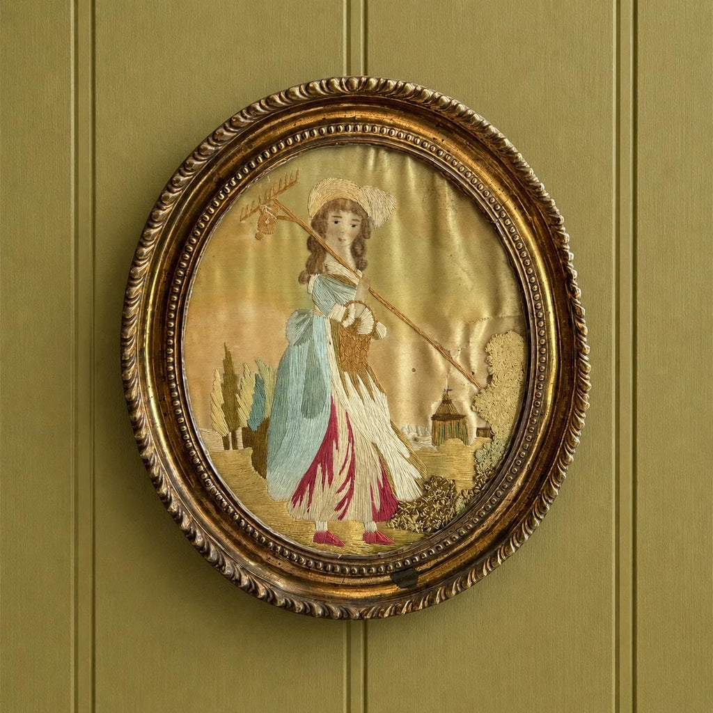 Georgian Silkwork Embroidery Young Lady Farmer Small Size C 1800 English AF