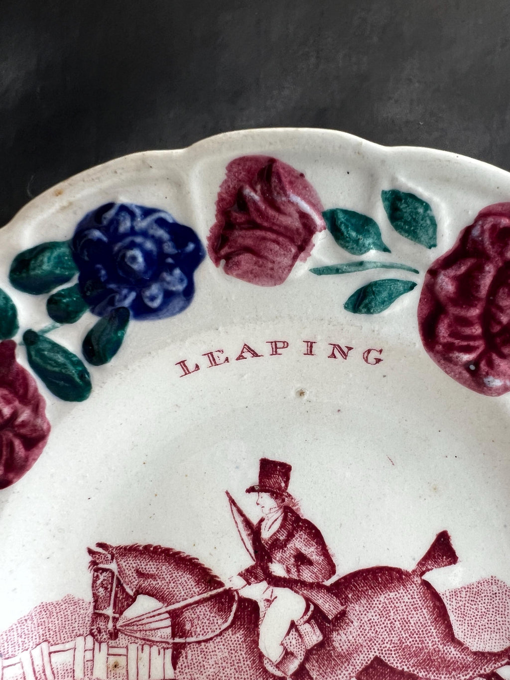 19th Century Childs Nursery Ware Plate Equine Horse Steeplechase Circa 1820 RARE Transferware Point to Point