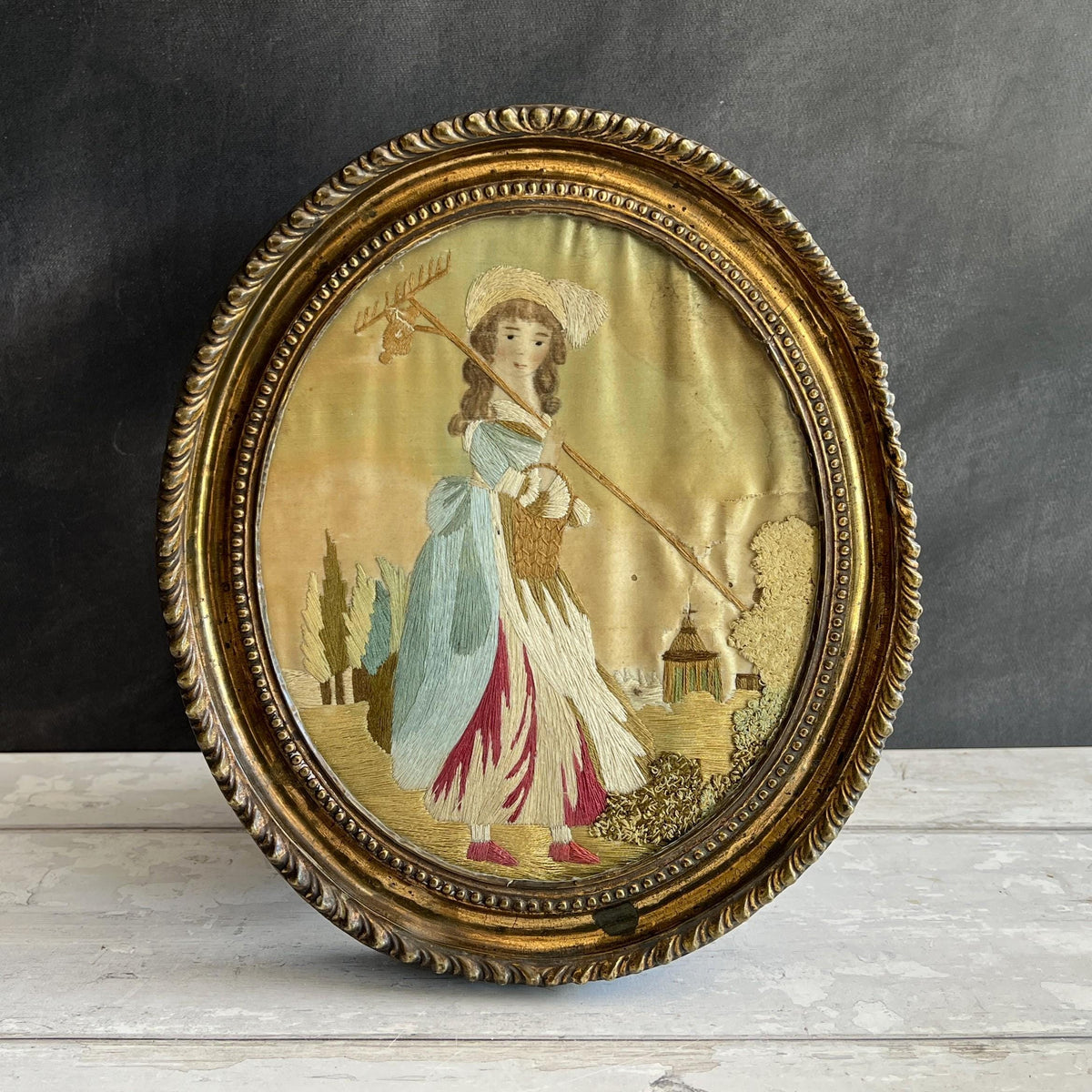 Georgian Silkwork Embroidery Young Lady Farmer Small Size C 1800 English AF